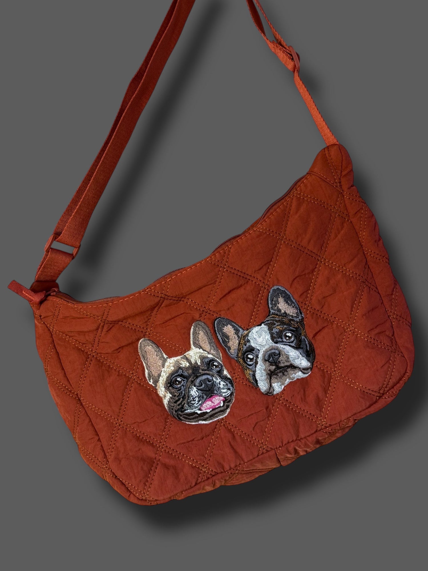 custom pet embroidered red quilted handbag with two pets