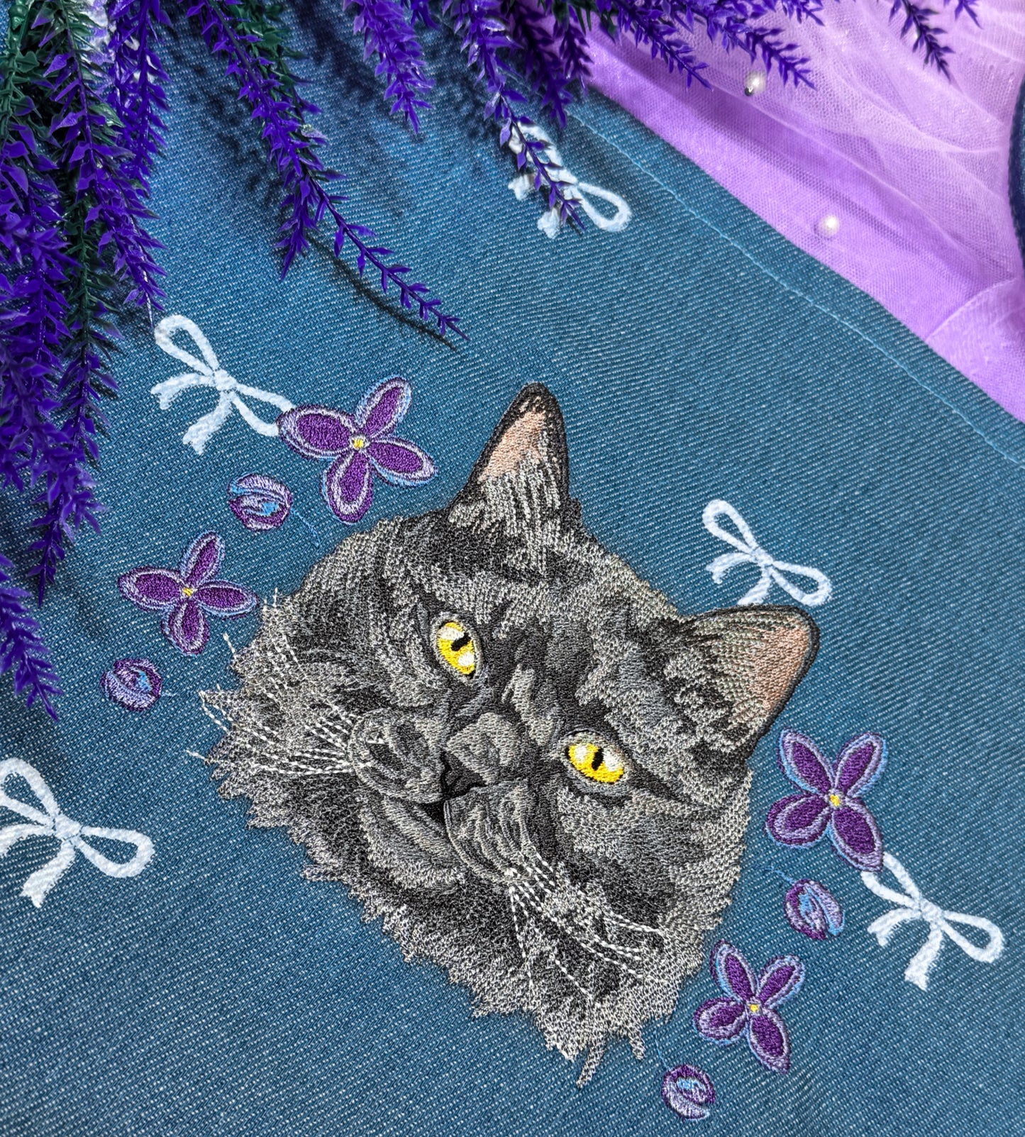 Embroidered Denim Bow Tote