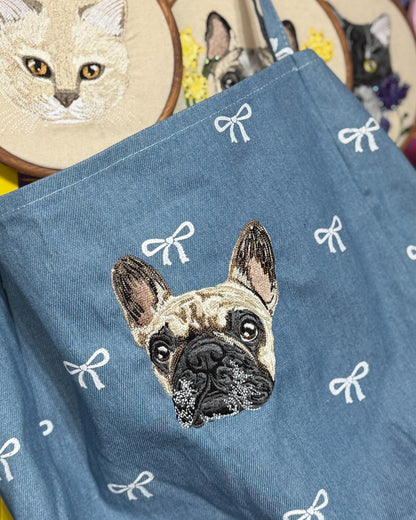 Embroidered Denim Bow Tote