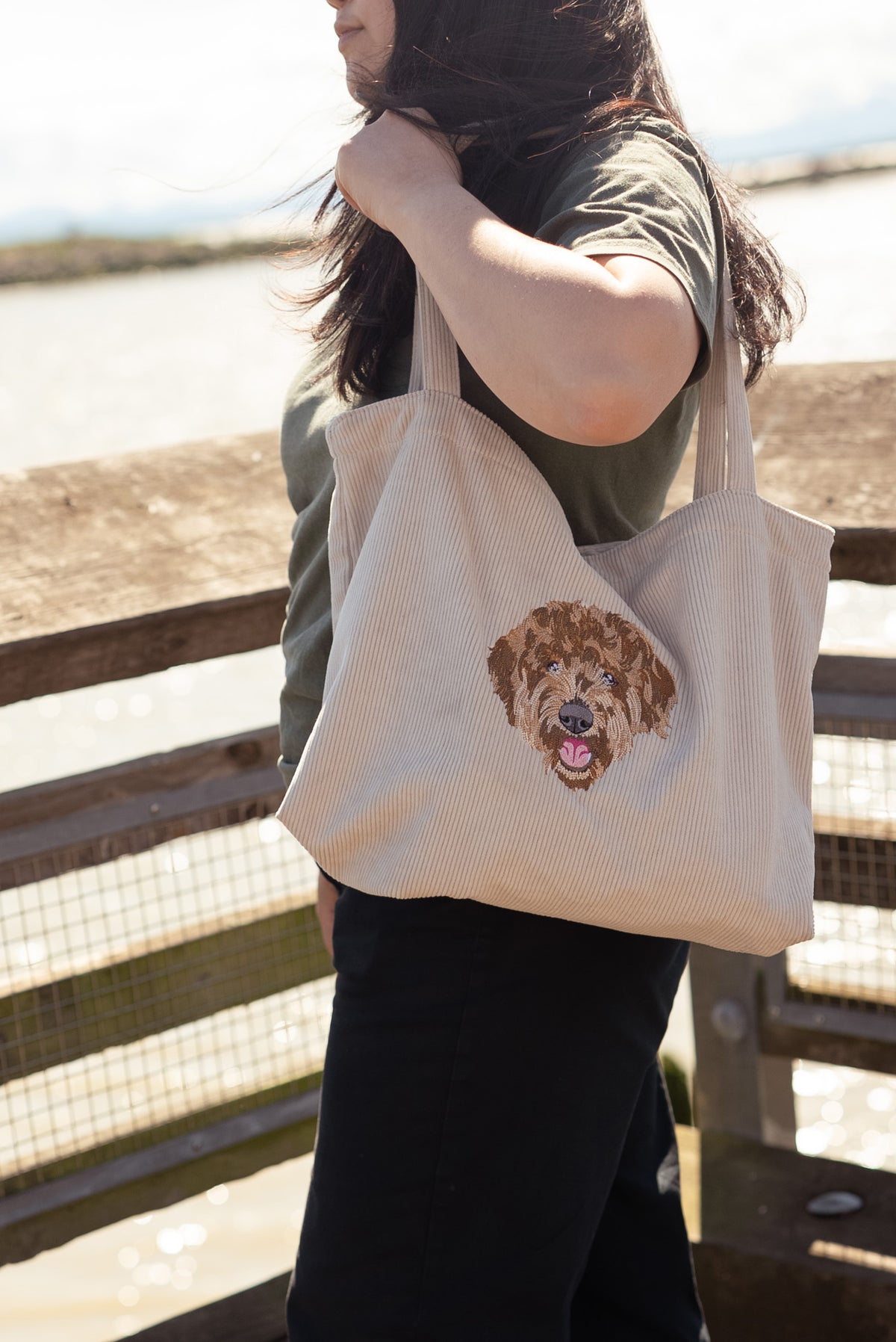 Embroidered Corduroy Tote