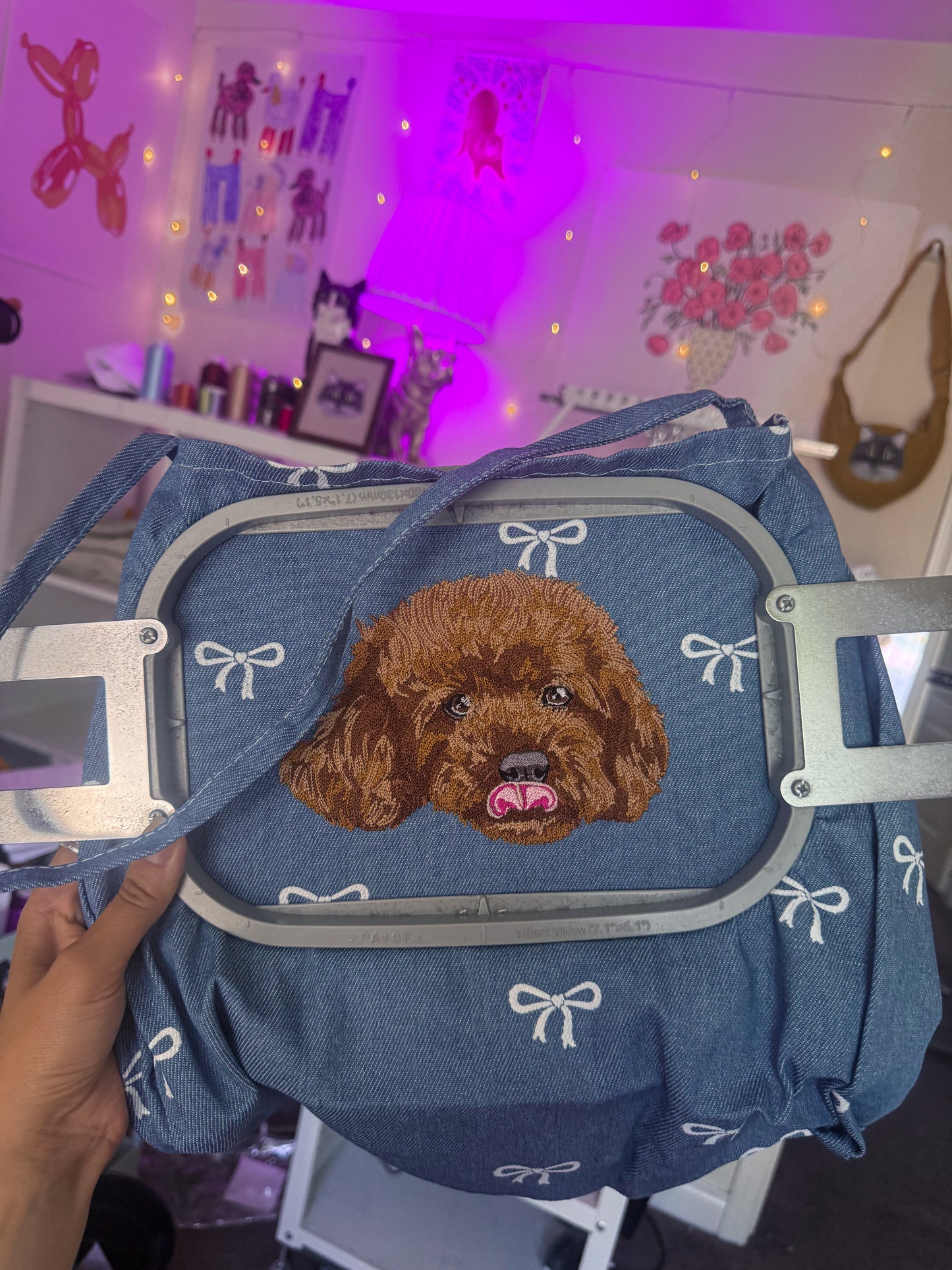 Embroidered Denim Bow Tote