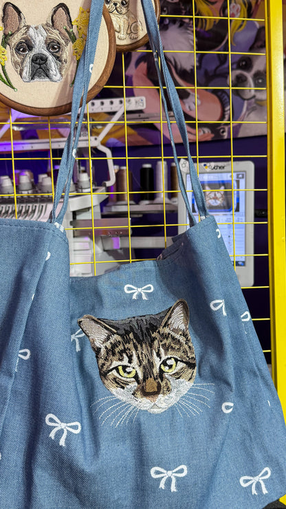 Embroidered Denim Bow Tote