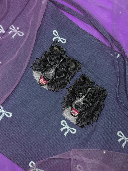 Embroidered Denim Bow Tote