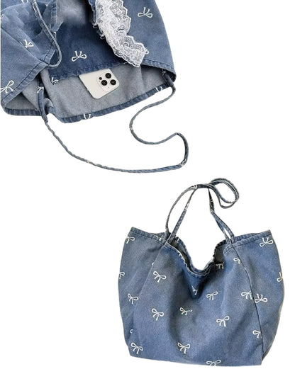 Embroidered Denim Bow Tote