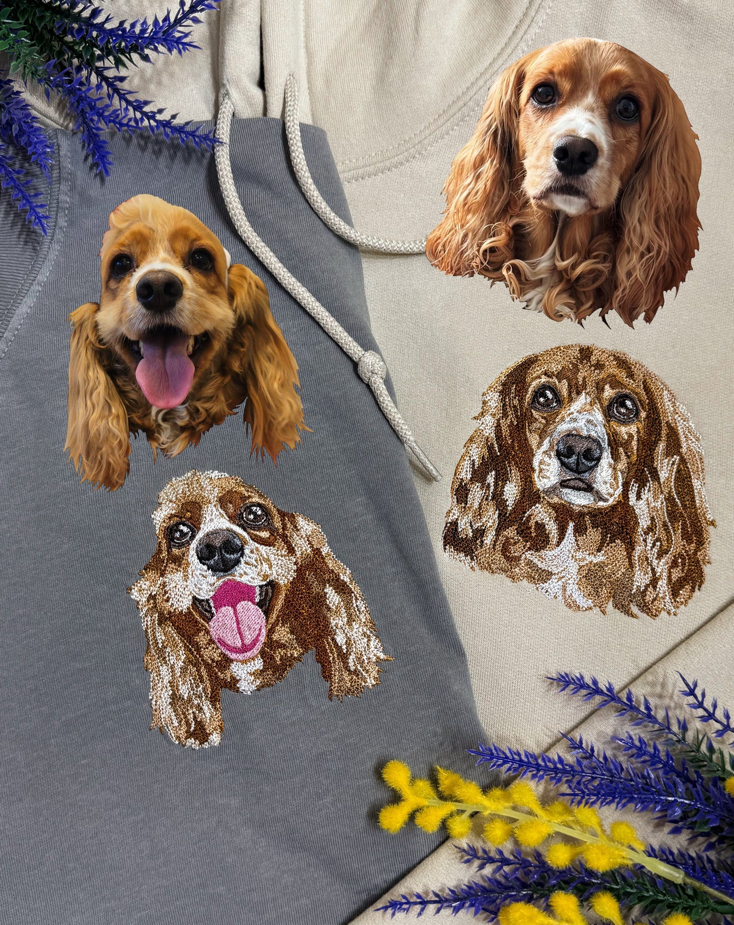 Hoodie with embroidered dog faces on a gray background