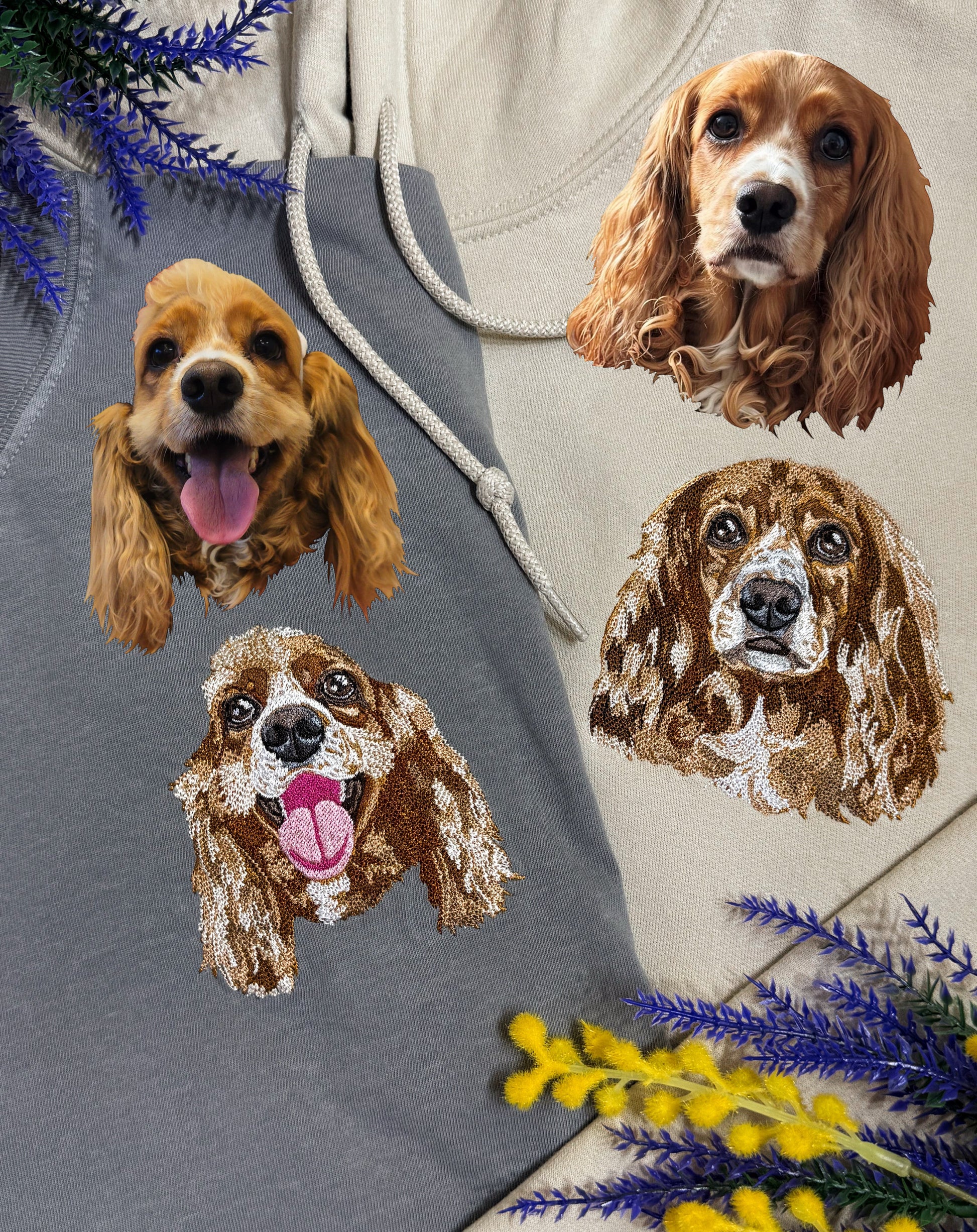 Hoodie with embroidered dog faces on a gray background
