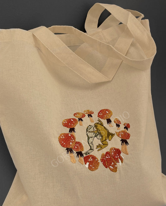 Fairy ring & vibing frogs embroidered tote bag