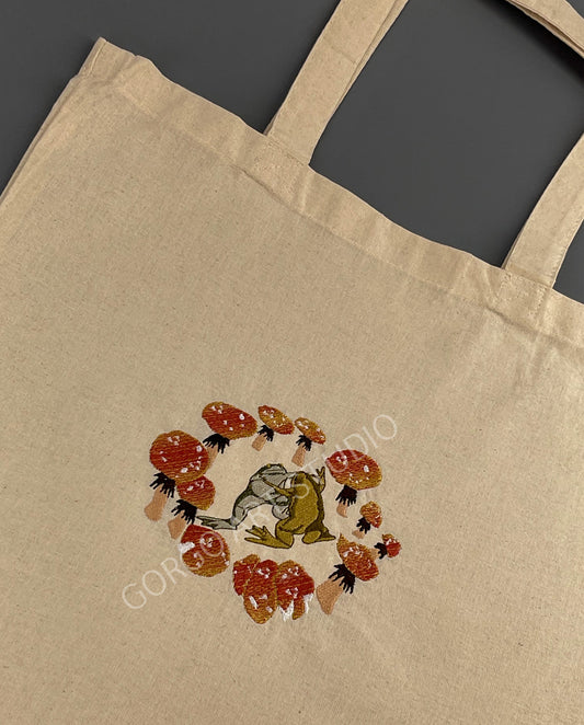 Fairy ring & vibing frogs embroidered tote bag